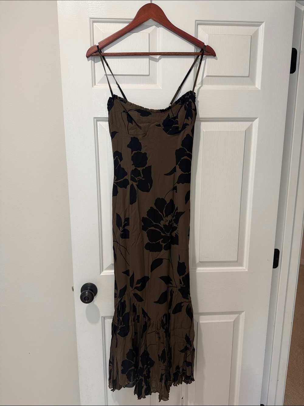 Reformation Olive Green & Black Floral Maxi Slip Dress